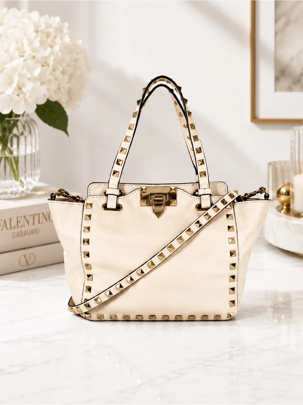 Valentino Garavani Compact Ivory Rockstud Tote Leather 2-Way Crossbody Full Set